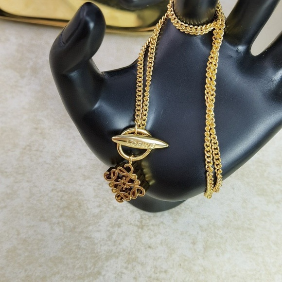 LOEWE Anagram Gold Tone Curb Chain Toggle Necklace - Signature Logo Pendant